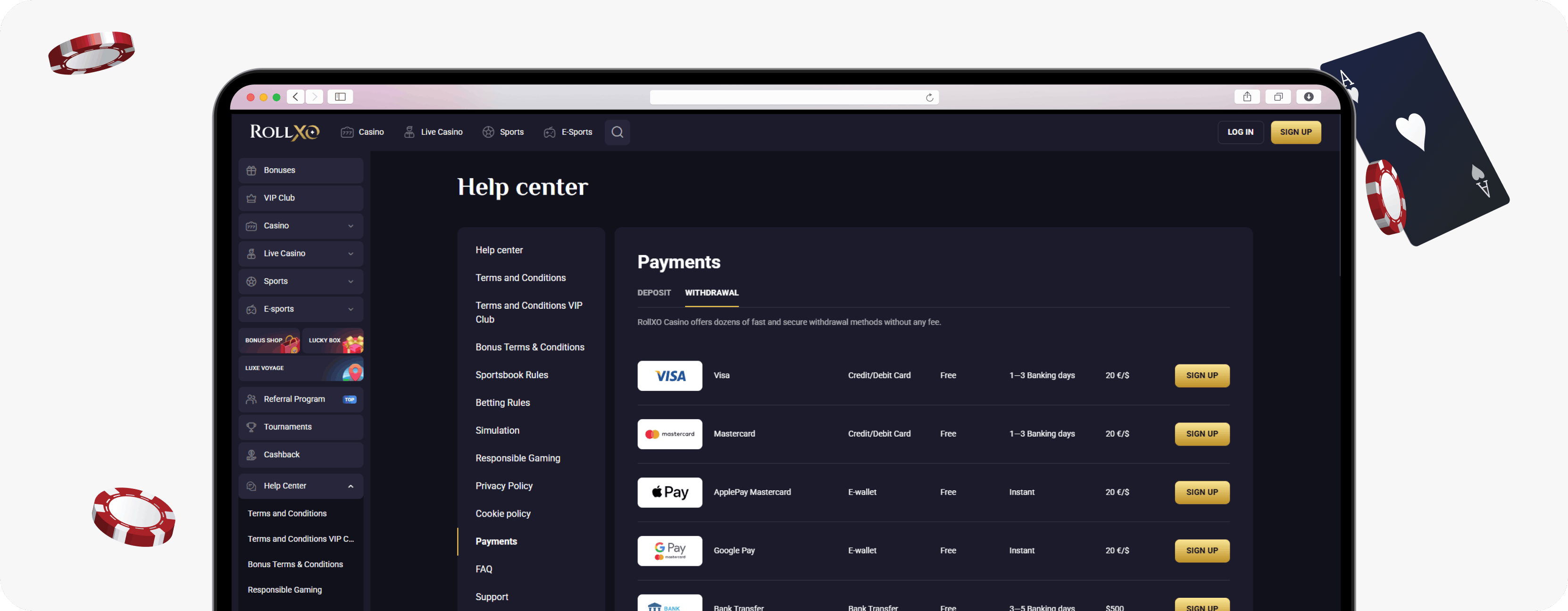 RollXO Casino withdrawal section