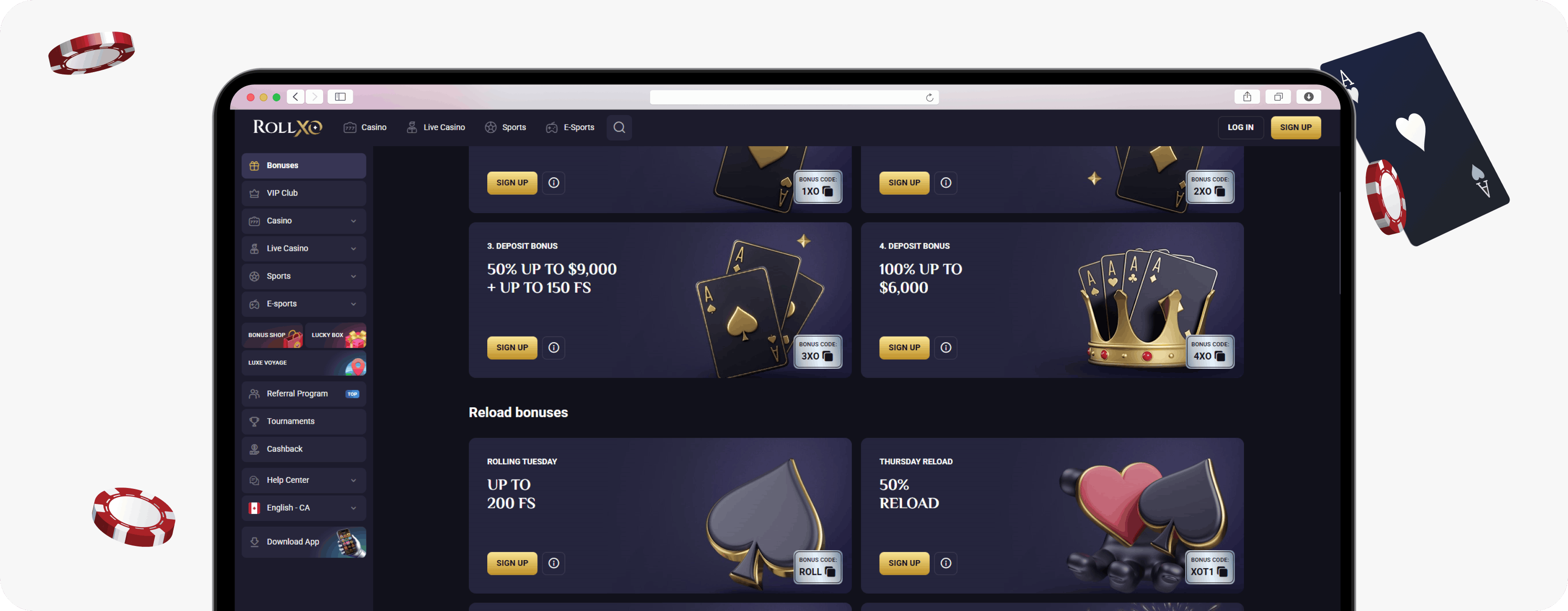 RollXO Casino reload bonus codes