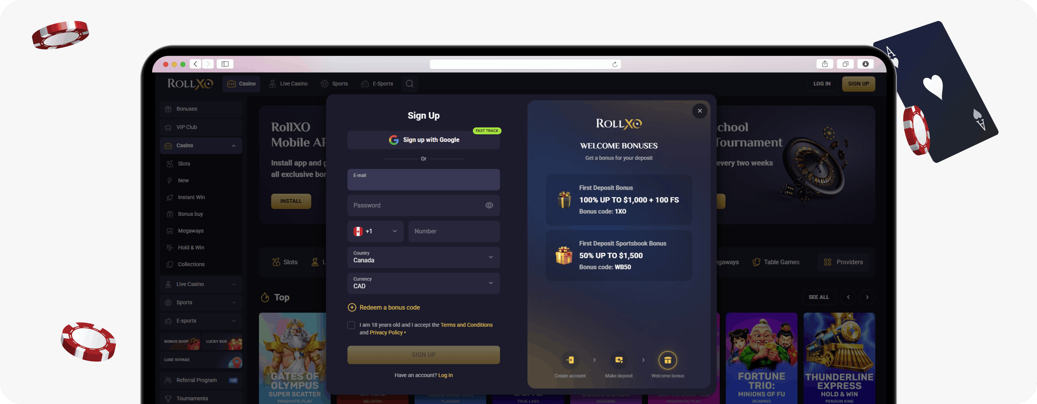 RollXO Casino sign-up form