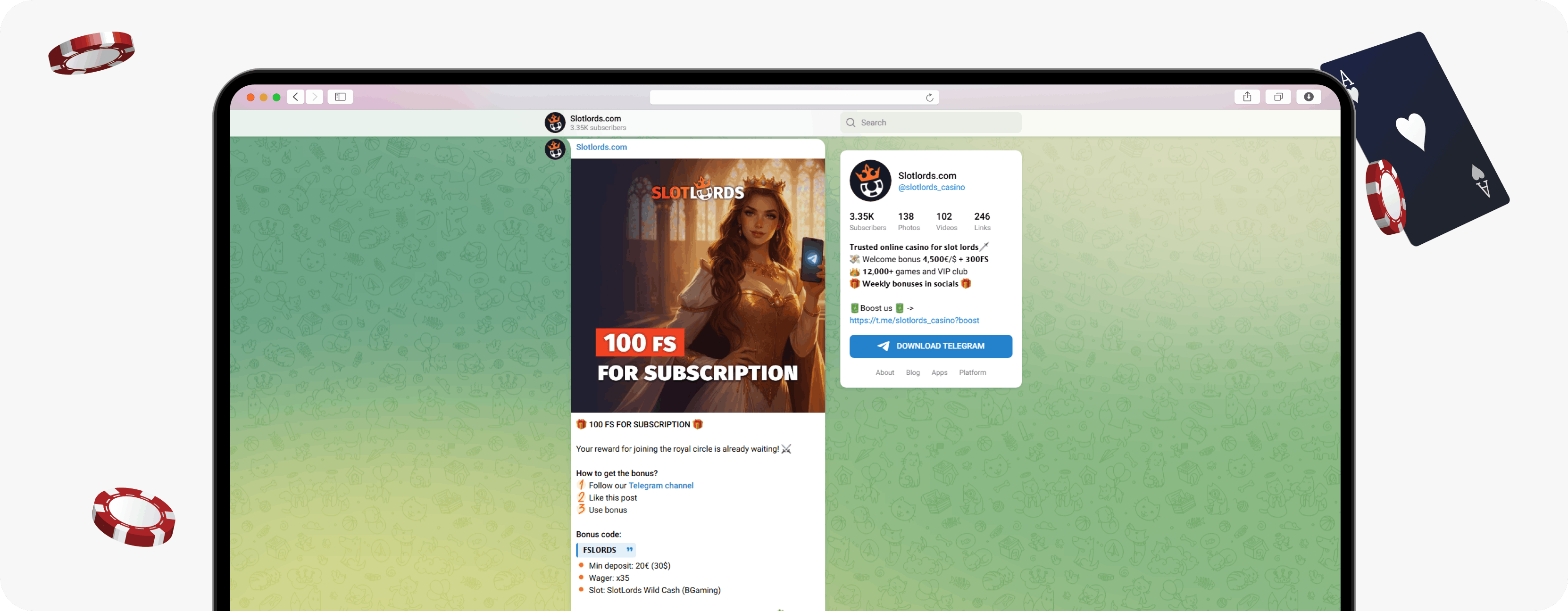 SlotLords Casino Telegram post with code FSLORDS
