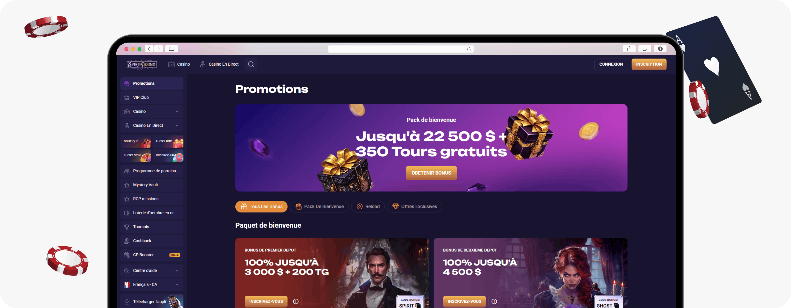 Spirit Casino welcome package in French
