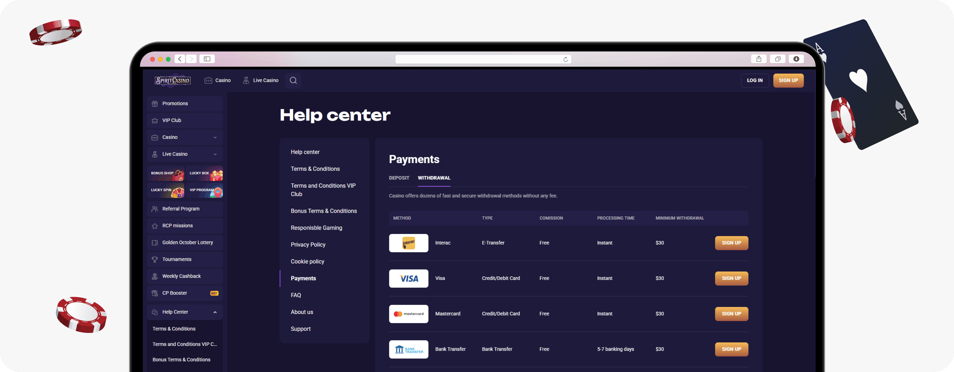 Spirit Casino withdrawal section