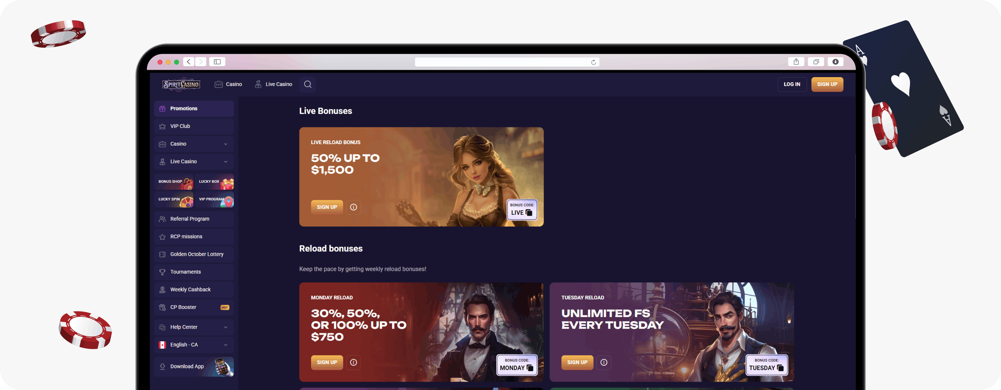 Spirit Casino reload bonus codes