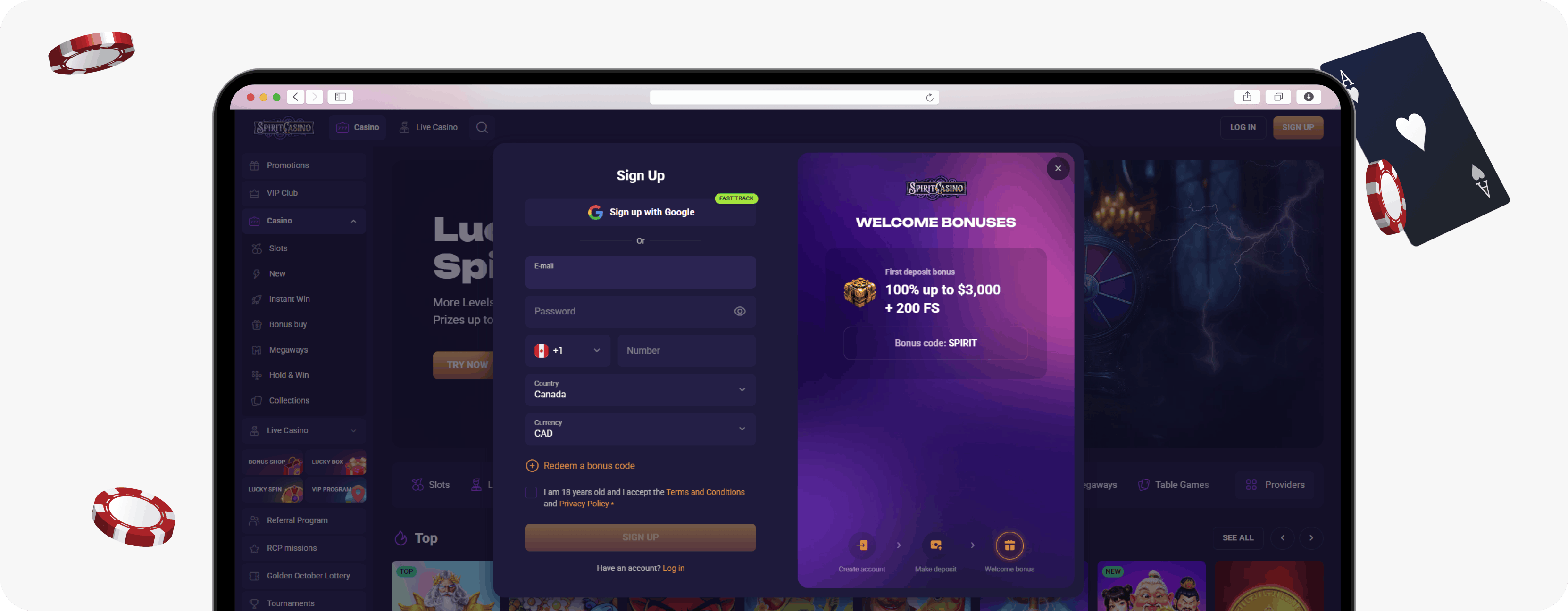 Spirit Casino sign-up form