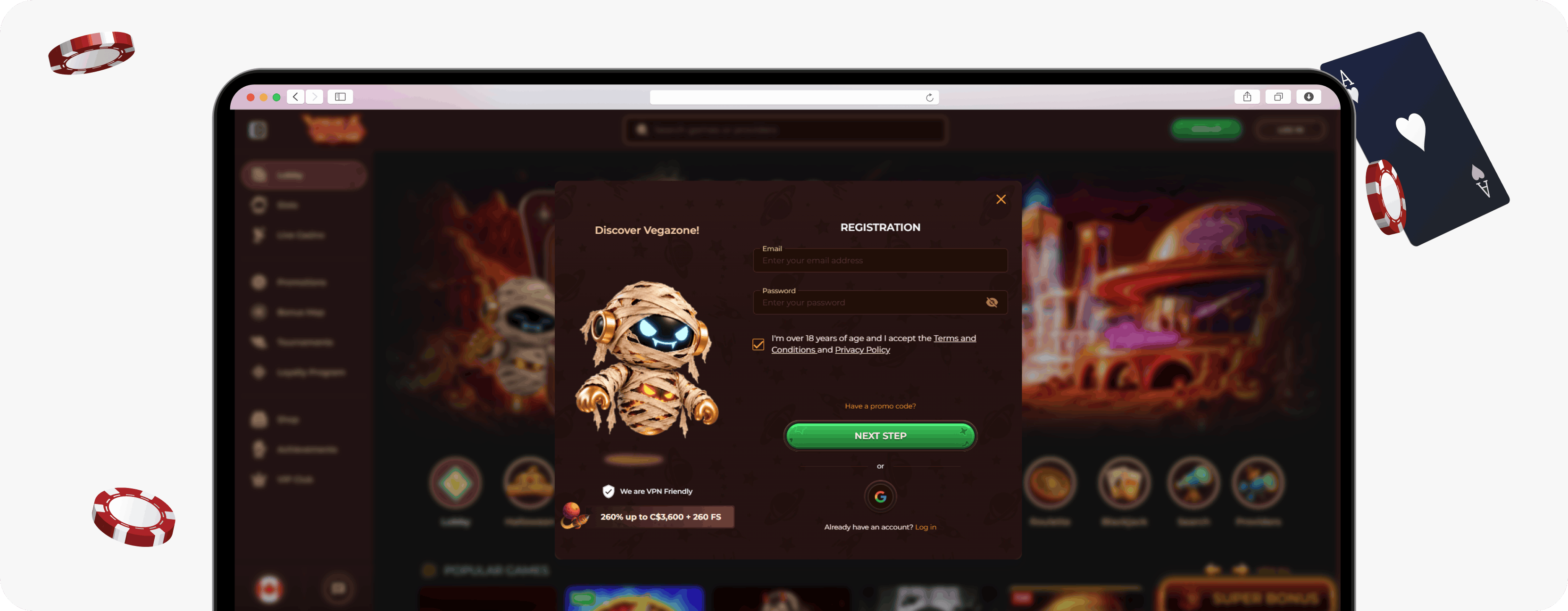 VegaZone Casino sign-up form