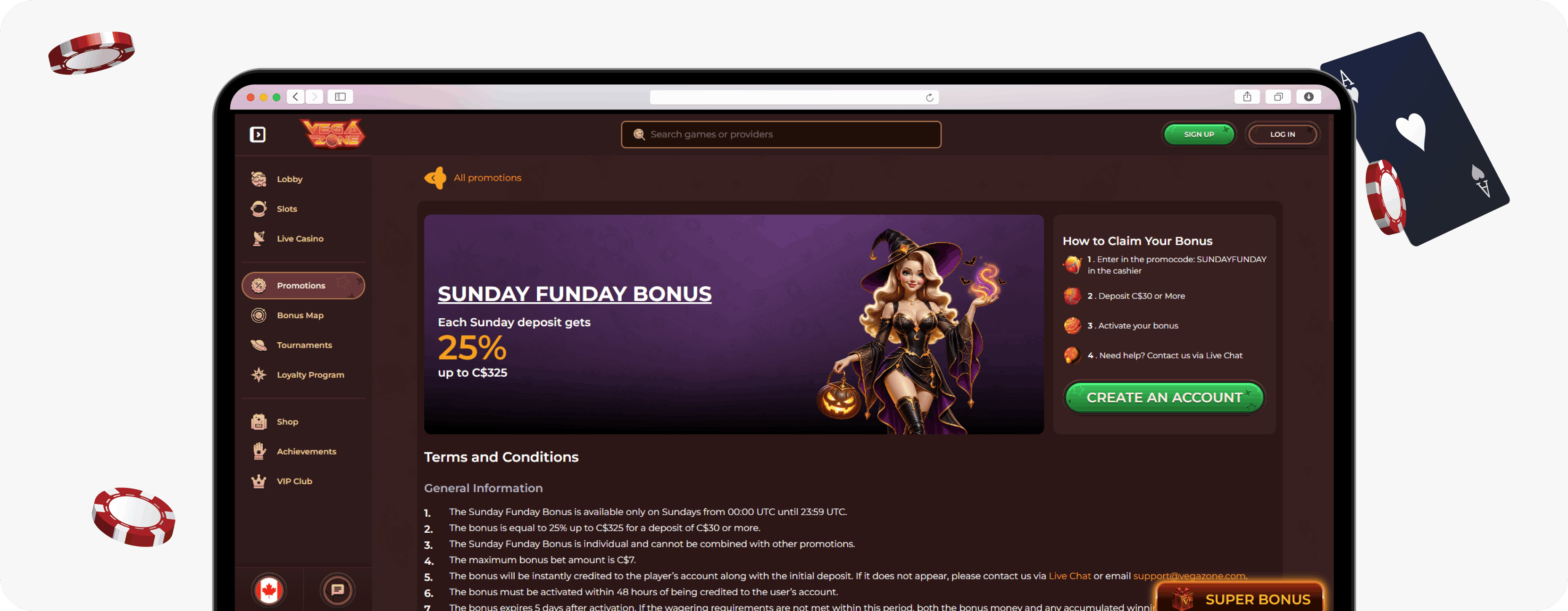 VegaZone Casino Sunday Funday offer rules