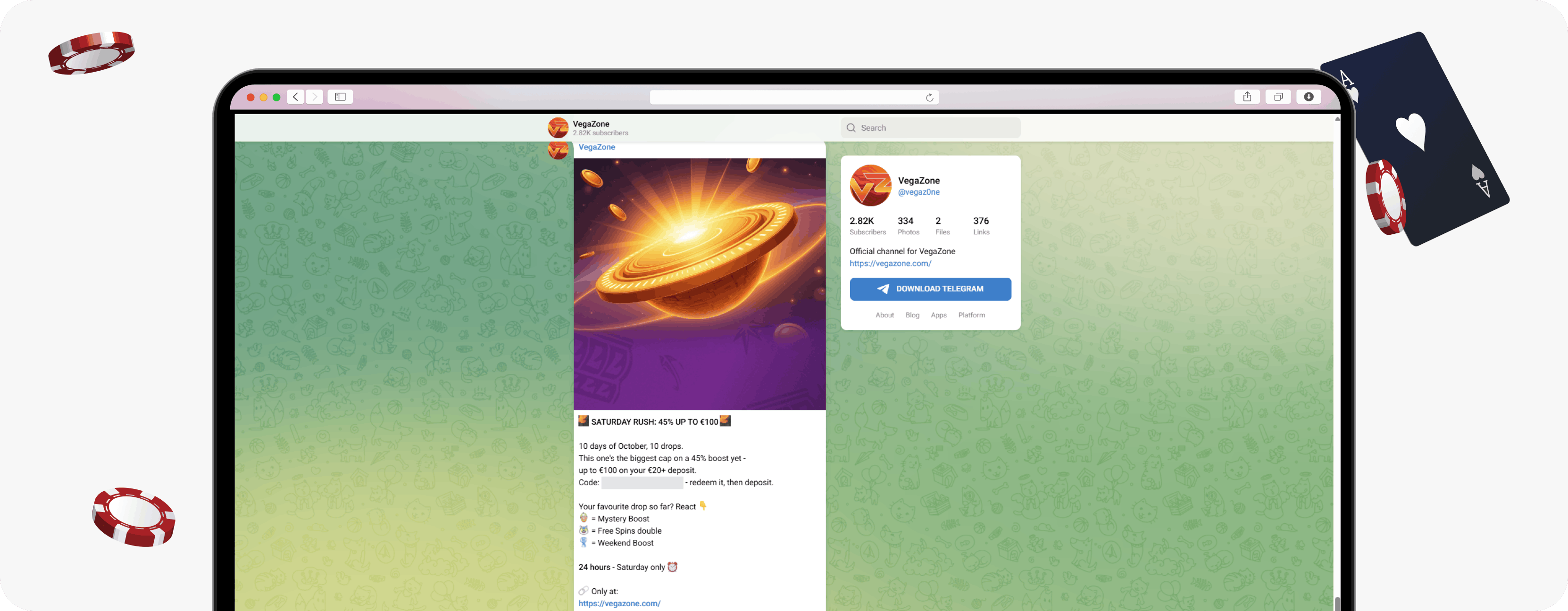 VegaZone Casino Telegram post