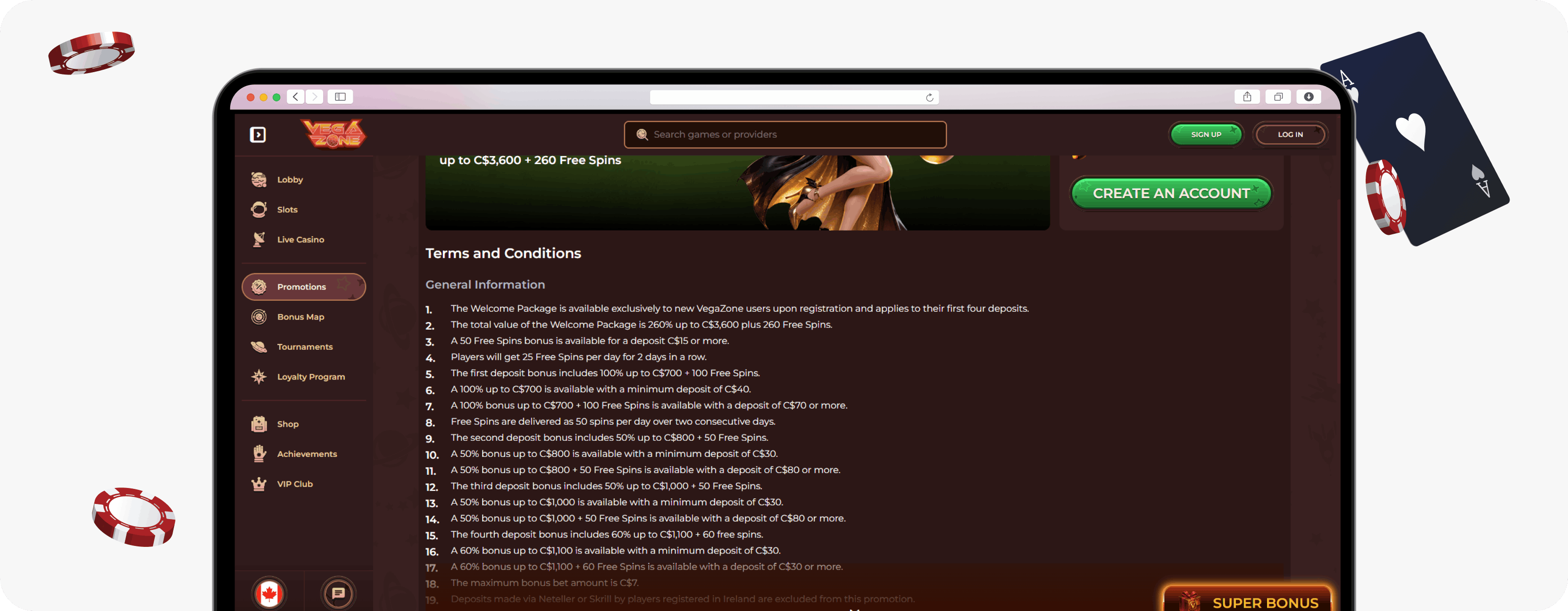 VegaZone Casino welcome package rules