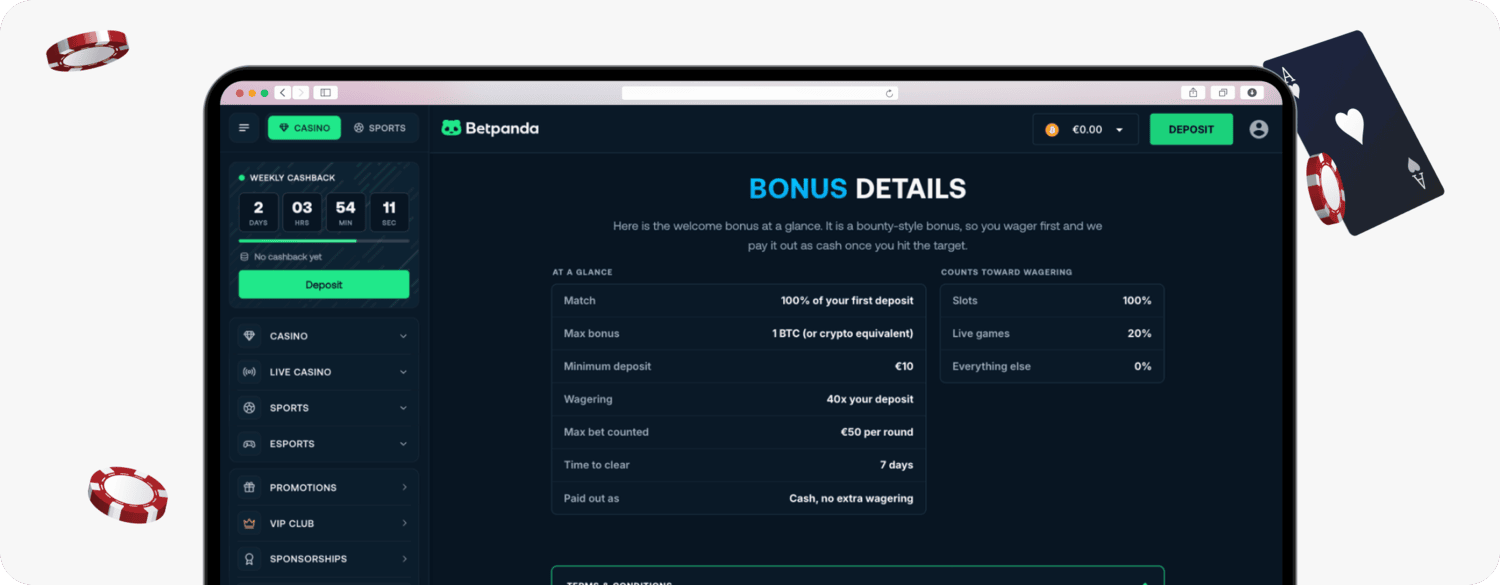 screenshot of betpanda welcome bonus details