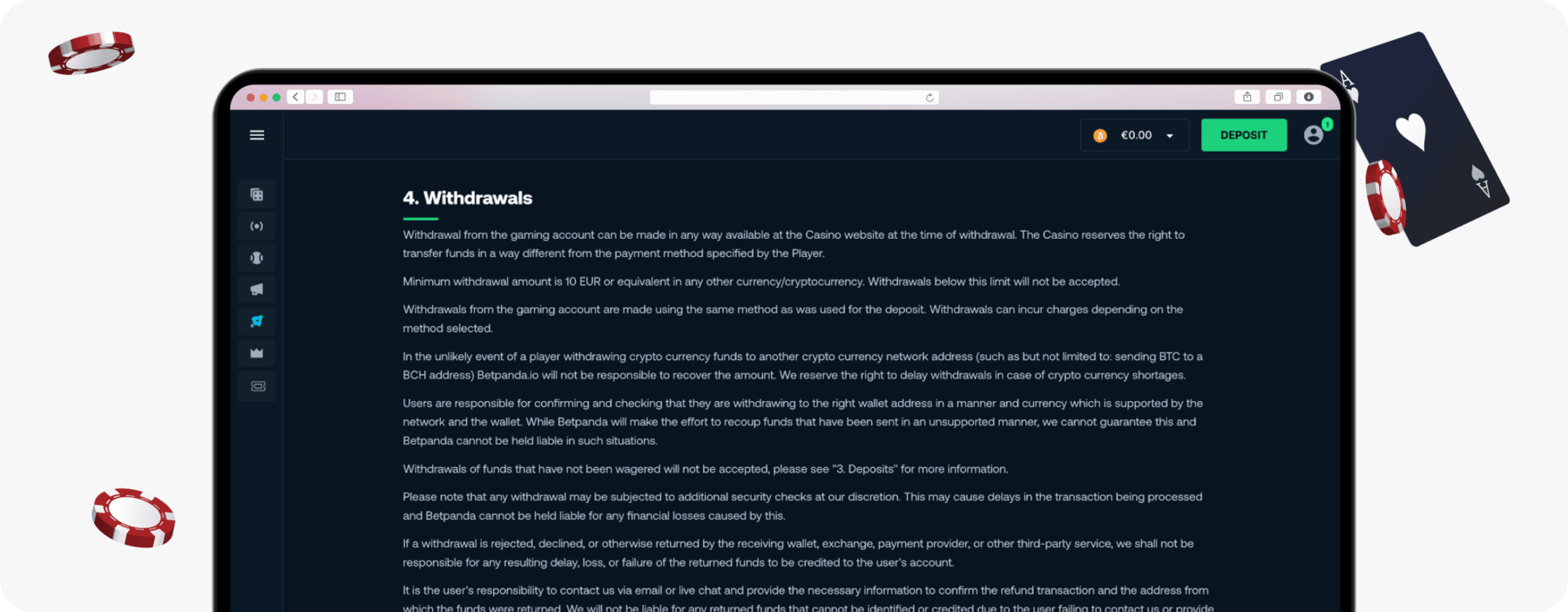 screenshot of betpanda withdrawal terms