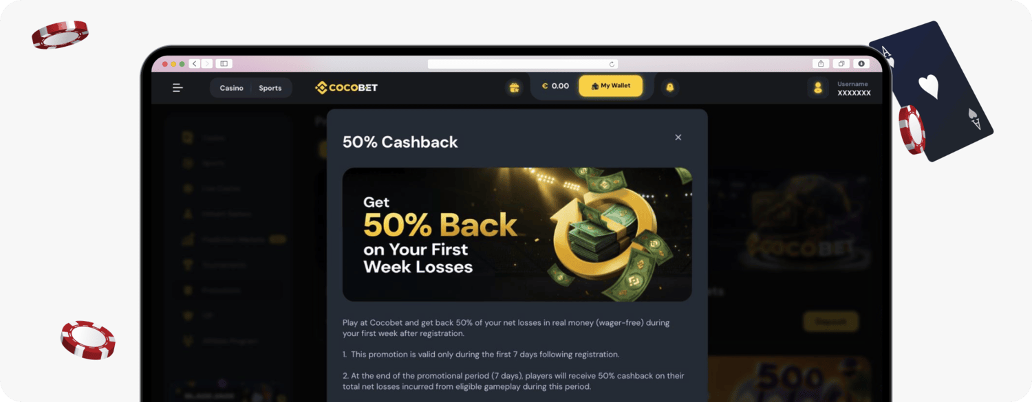 screenshot of cocobet 50% cashback welcome offer