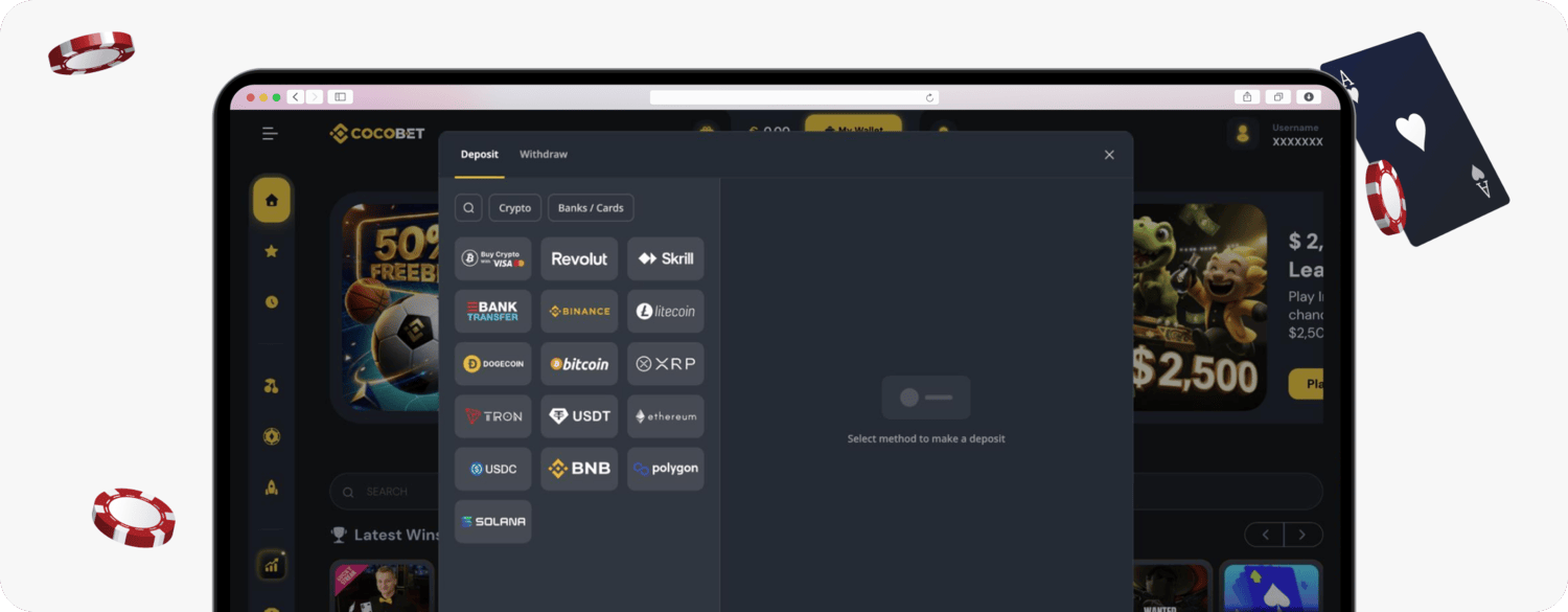 screenshot of cocobet deposit methods