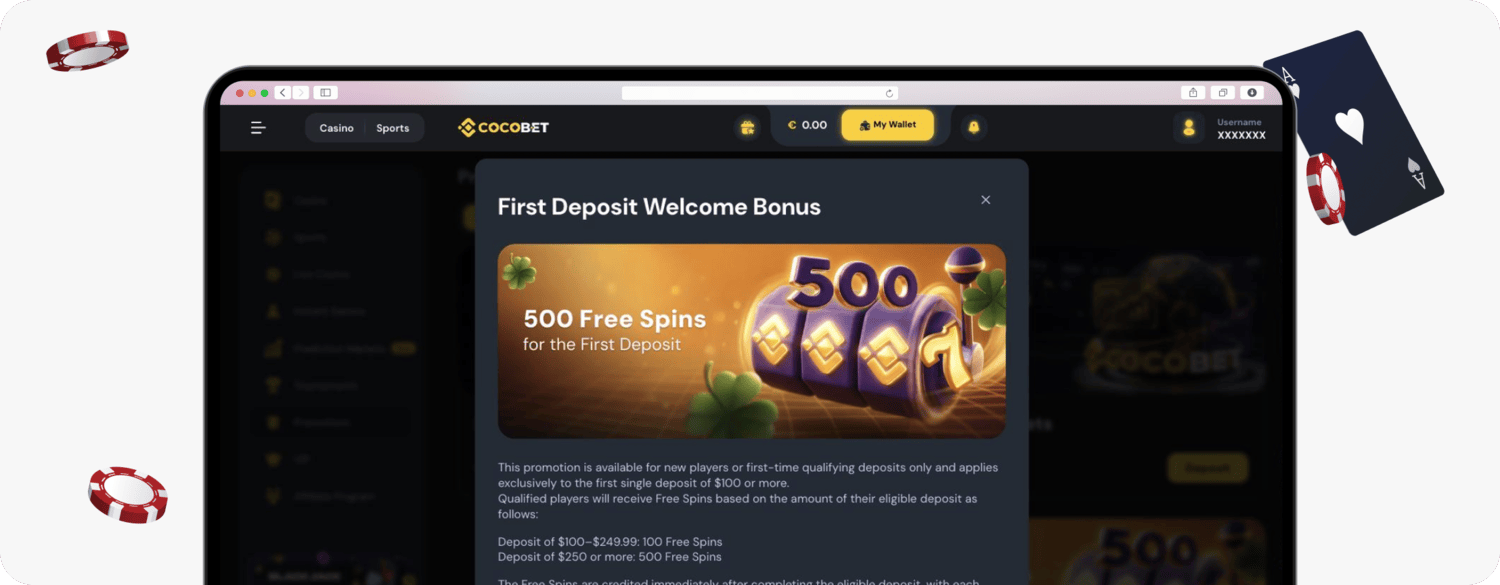 screenshot of cocobet first deposit free spins offer