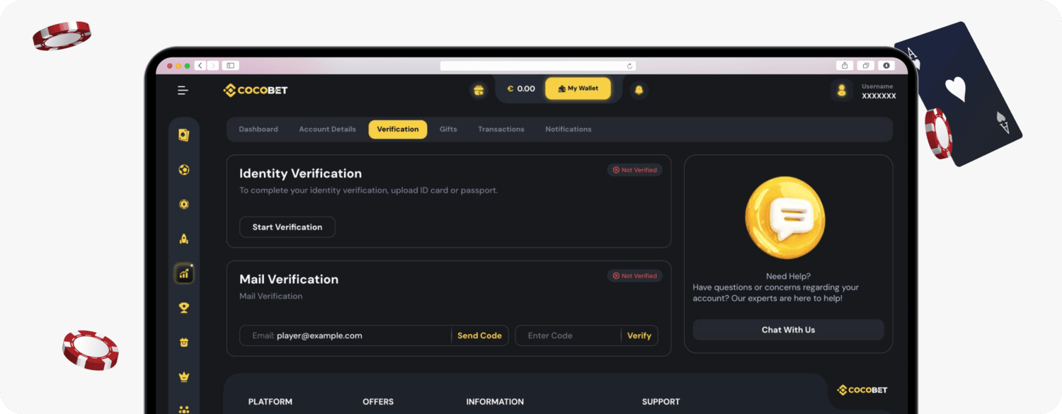 screenshot of cocobet verification options