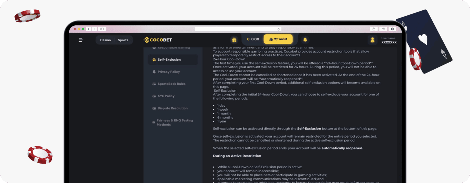 screenshot of cocobet self-exclusion options