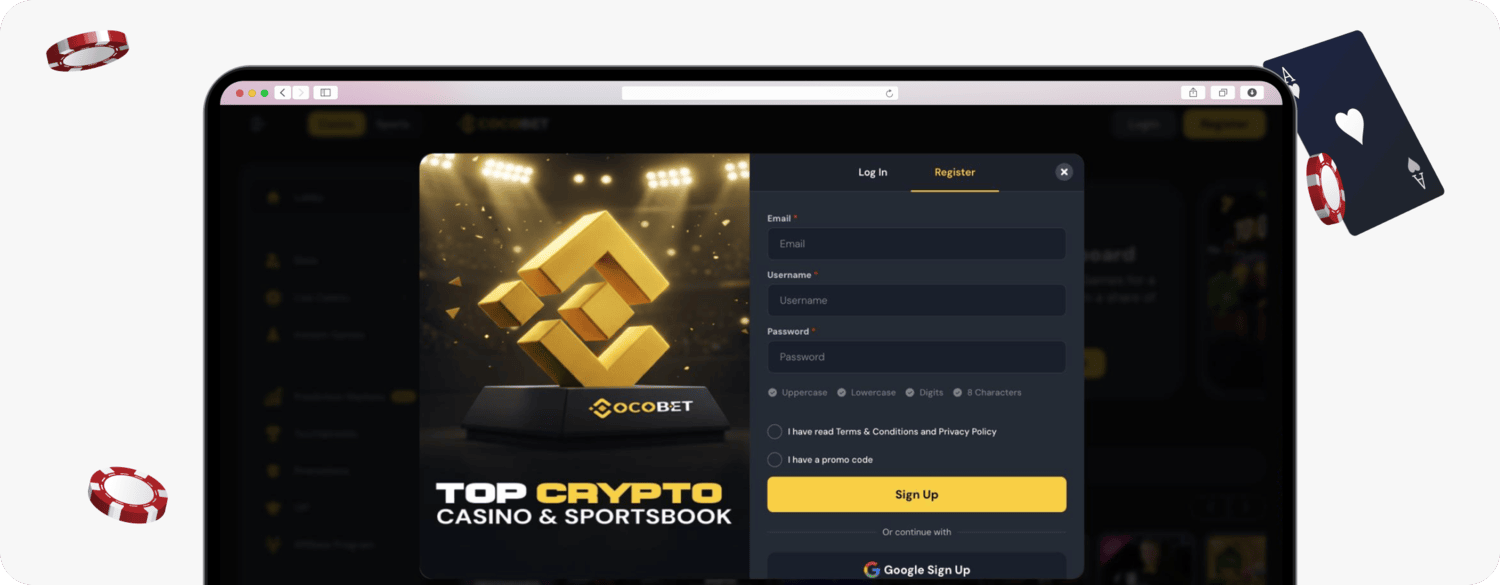 screenshot of cocobet sign up form