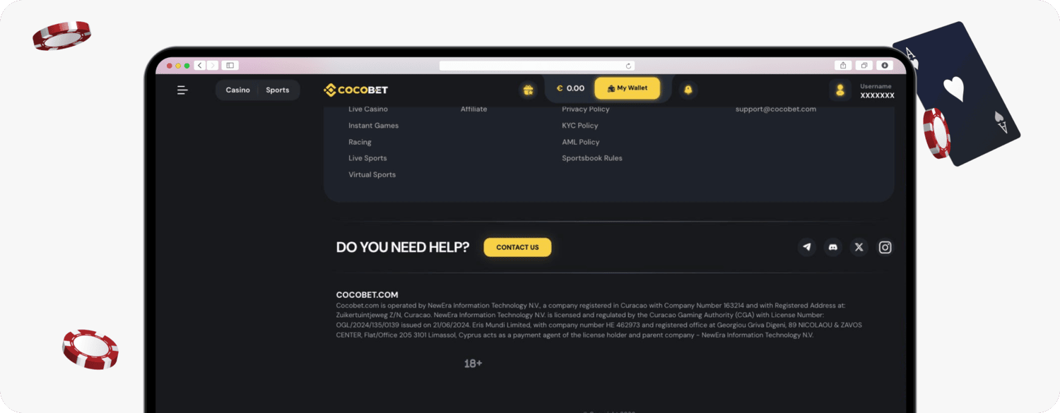 screenshot of cocobet website footer