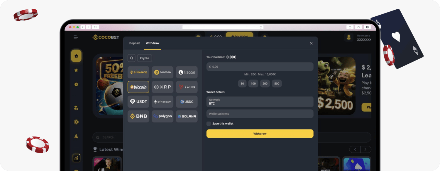 screenshot of cocobet withdrawal methods