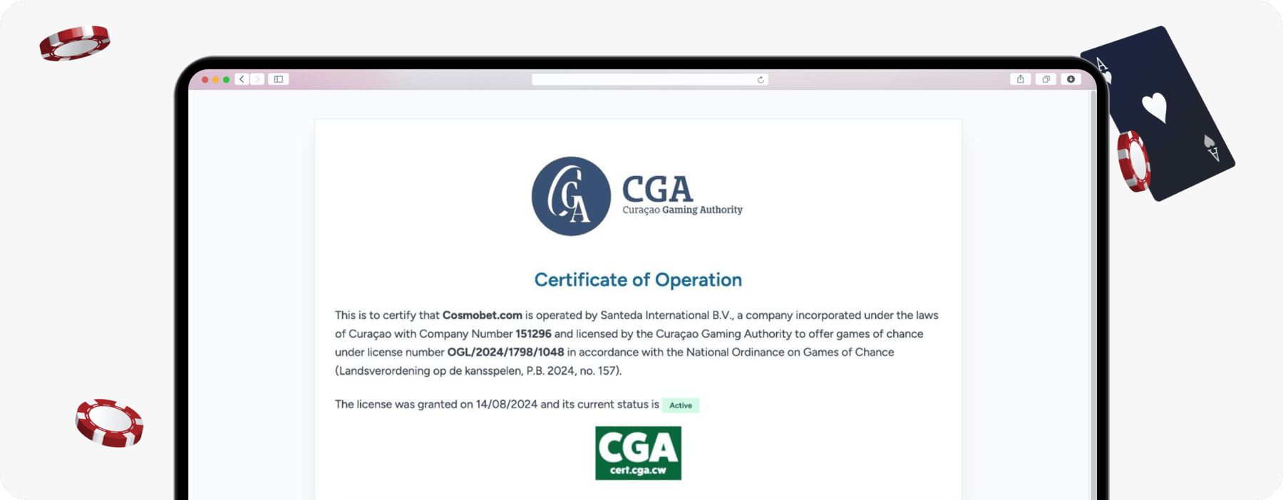 screenshot of cosmobet cga certificate