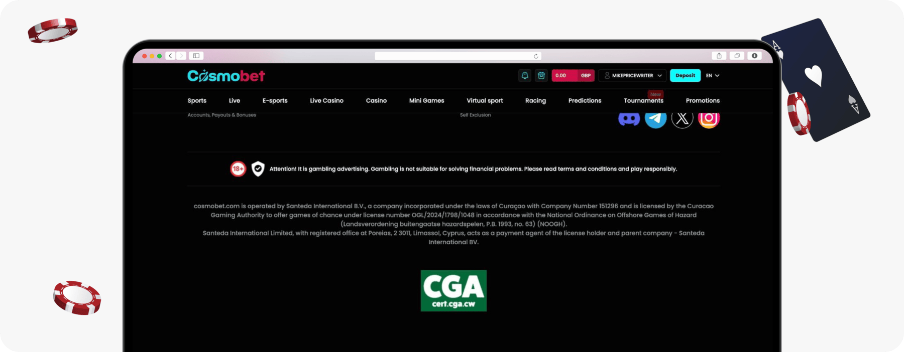 screenshot of cosmobet website footer