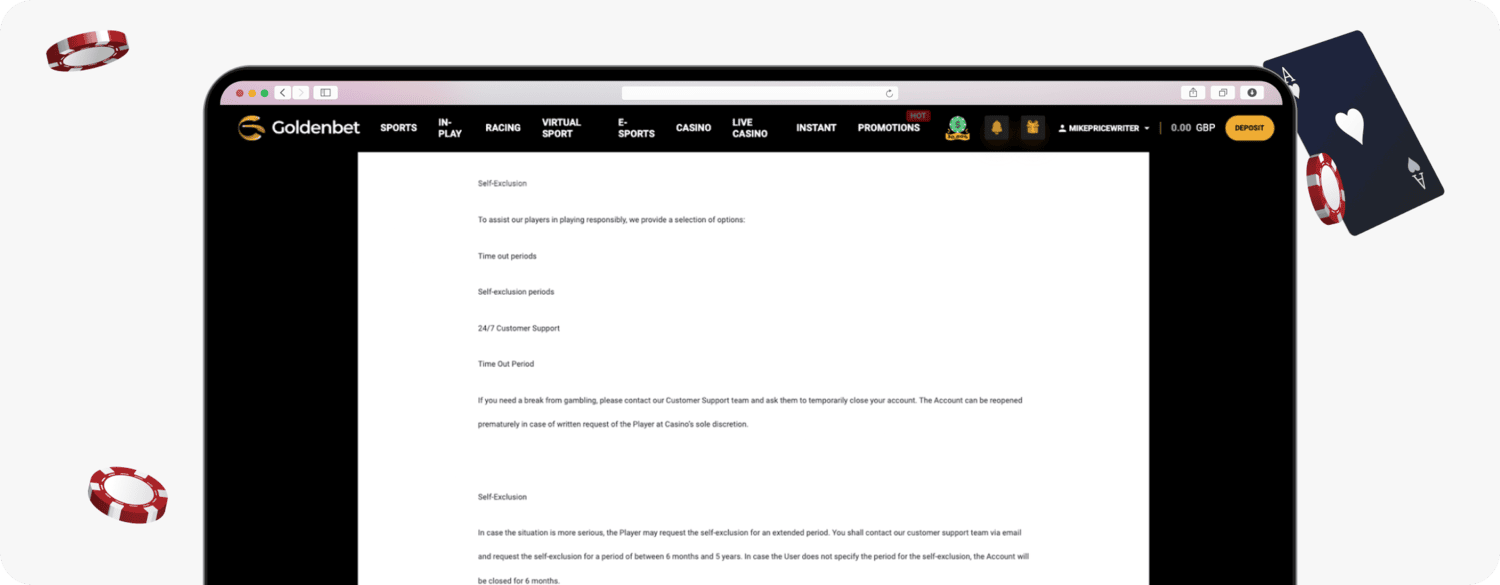 screenshot of goldenbet self-exclusion options