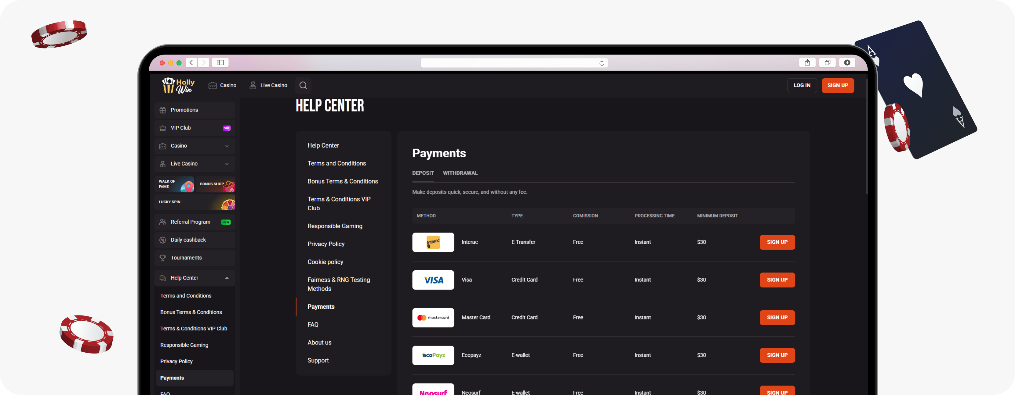 Hollywin deposit methods