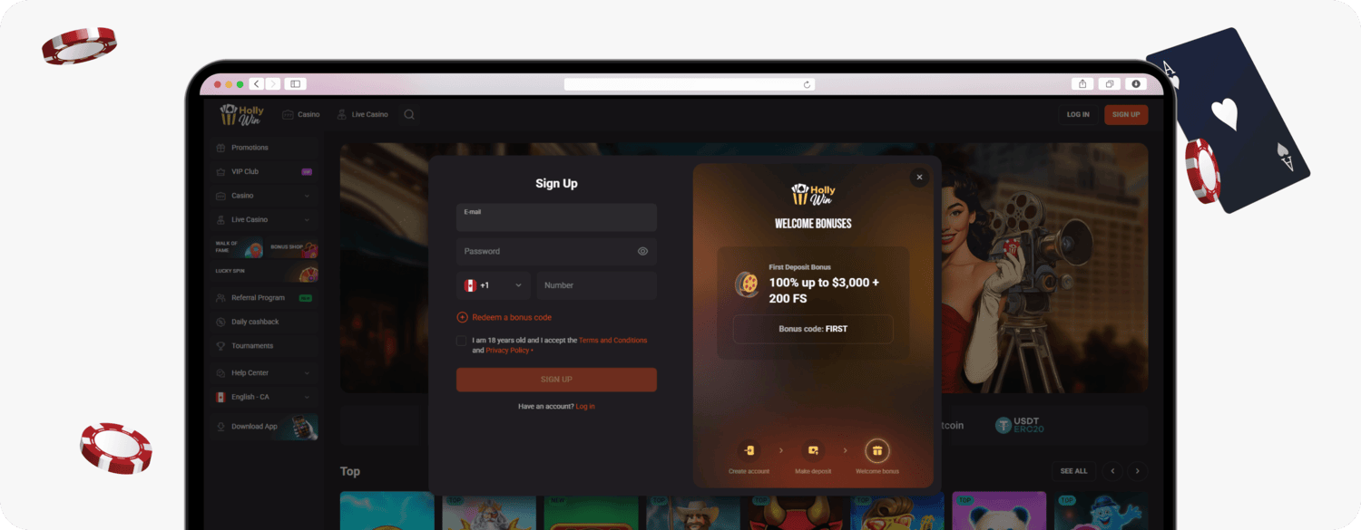 Hollywin sign-up form