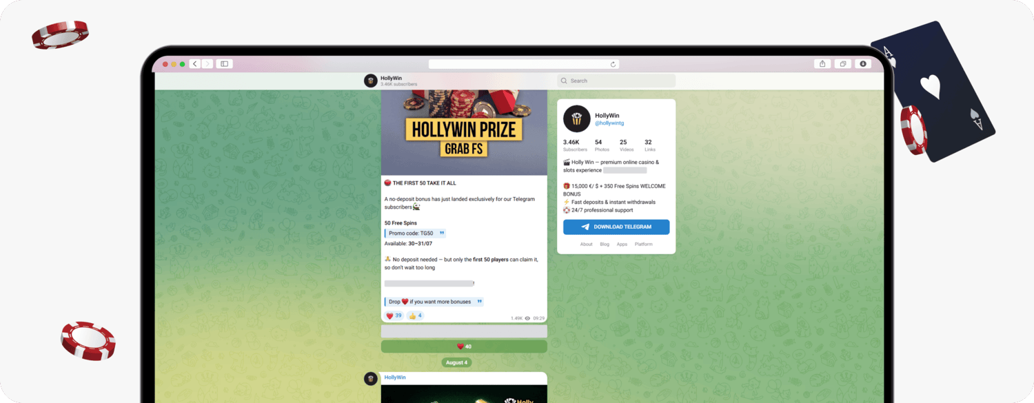 Hollywin Telegram no-deposit code