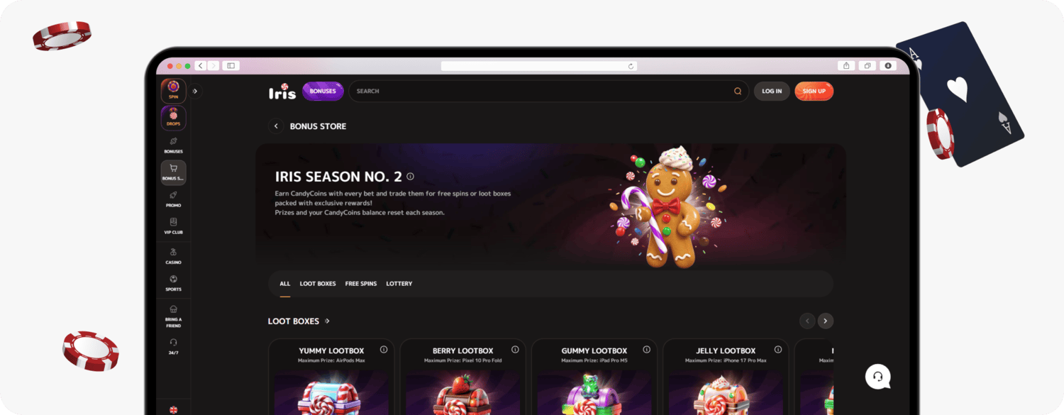 screenshot of iris casino bonus store