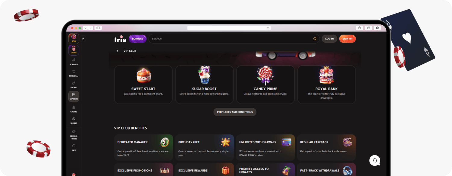 screenshot of iris casino vip club details