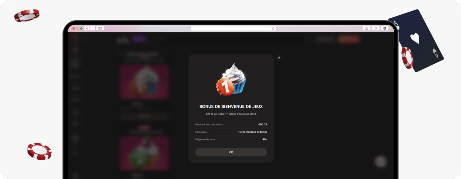 screenshot of iris casino welcome bonus in french