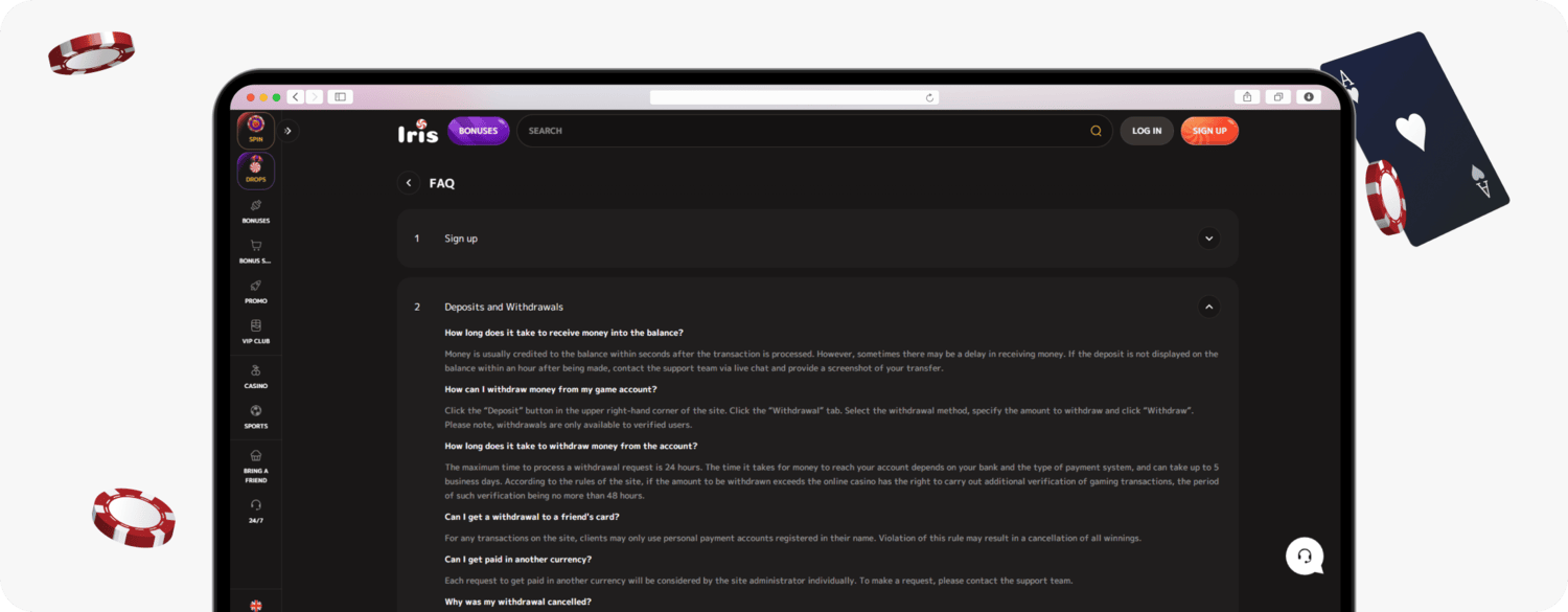 screenshot of iris casino withdrawal faqs