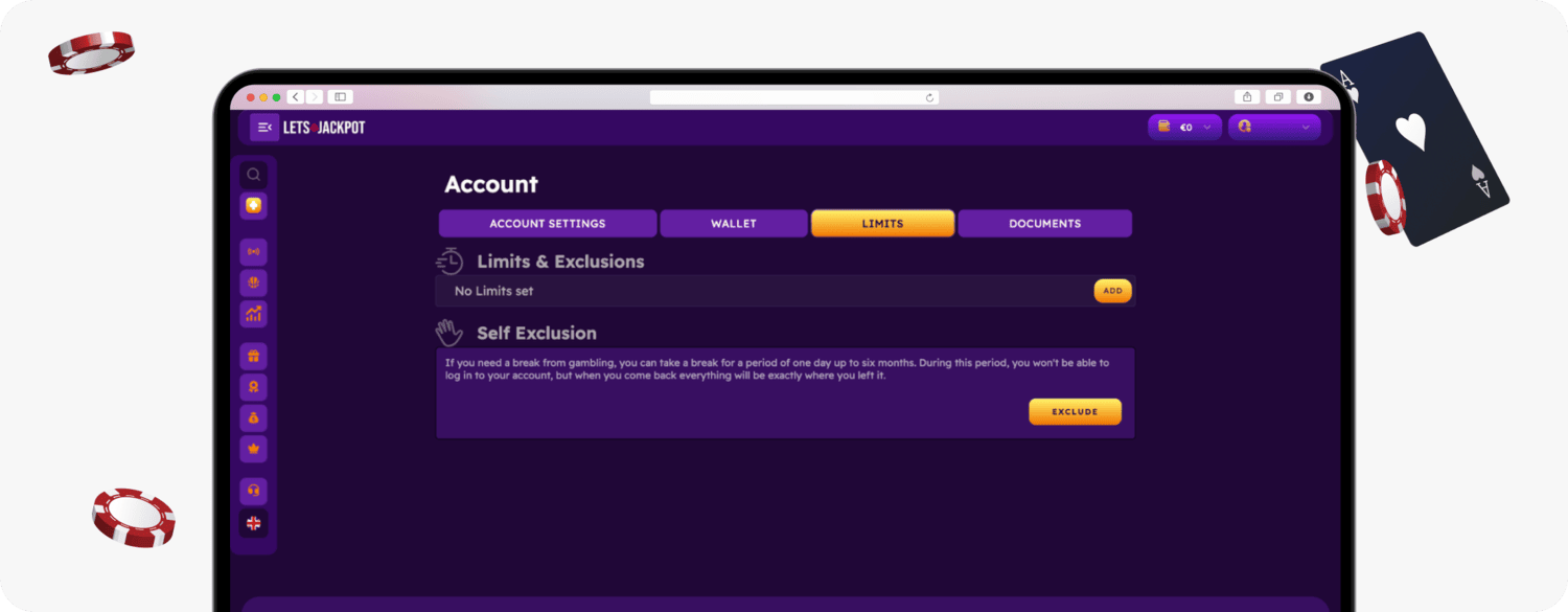 screenshot of letsjackpot account limits