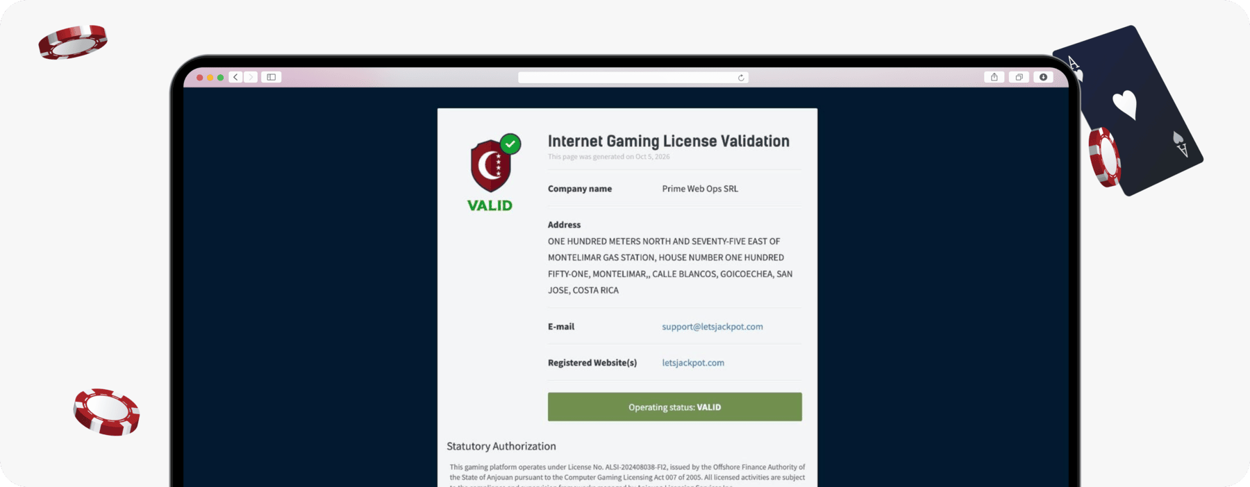 screenshot of letsjackpot licence validator