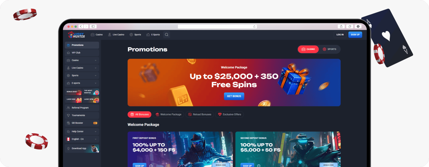 screenshot of lucky hunter promotions page in english