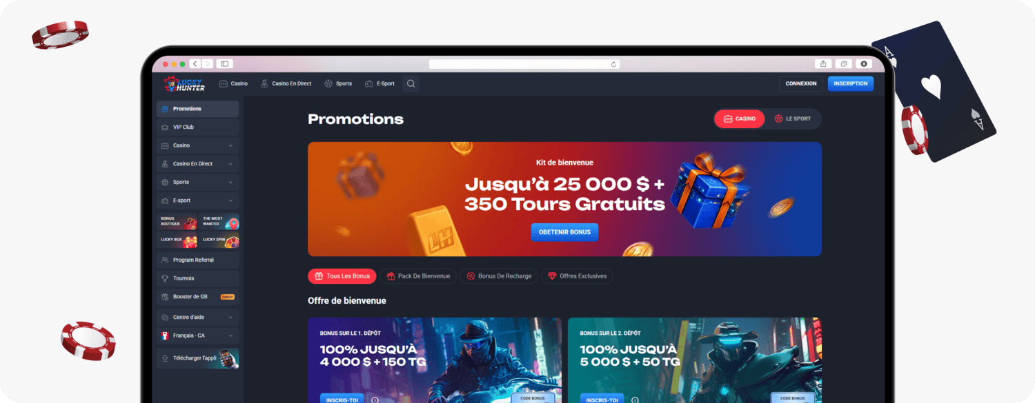 screenshot of lucky hunter promotions page in french