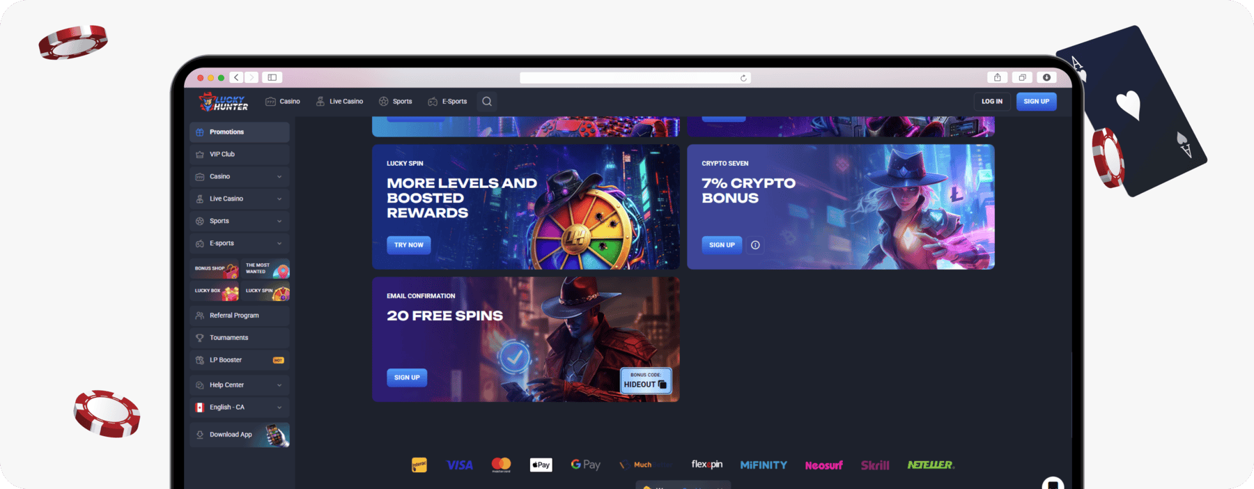 screenshot of lucky hunter no deposit free spins offer