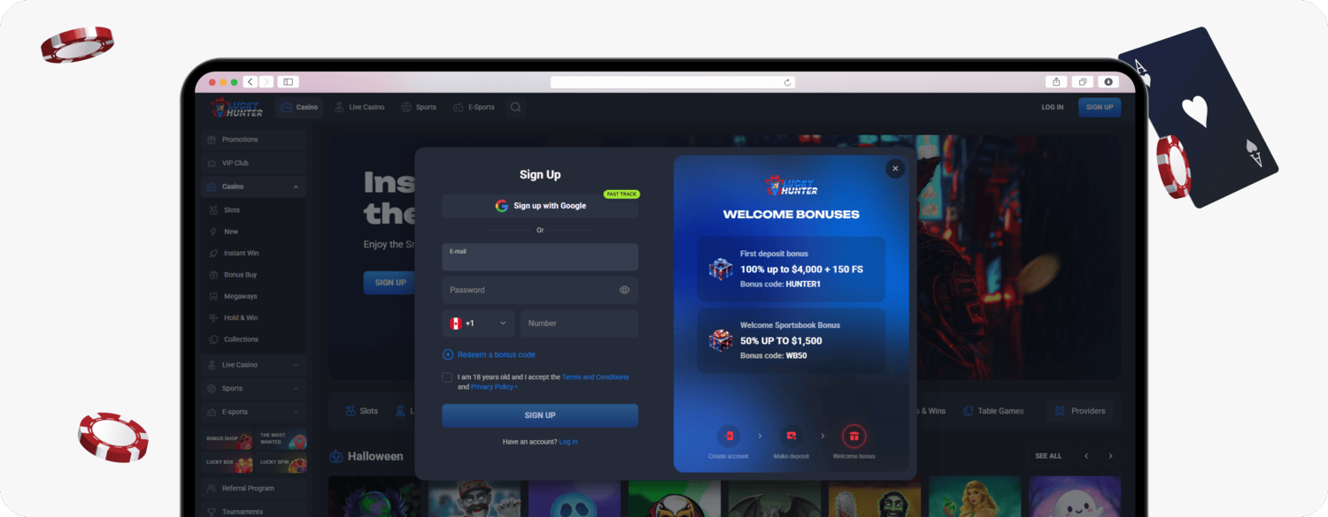 screenshot of lucky hunter sign up form