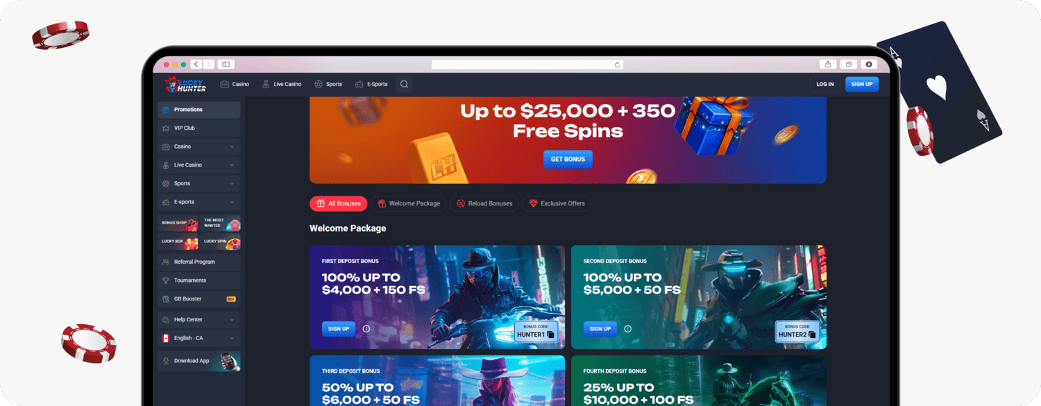 screenshot of lucky hunter welcome package