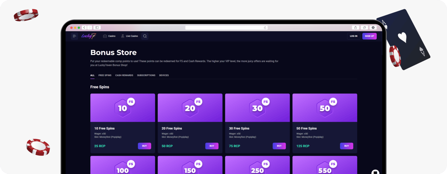 screenshot of lucky7even bonus store