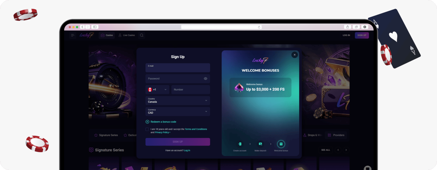 screenshot of lucky7even sign up form