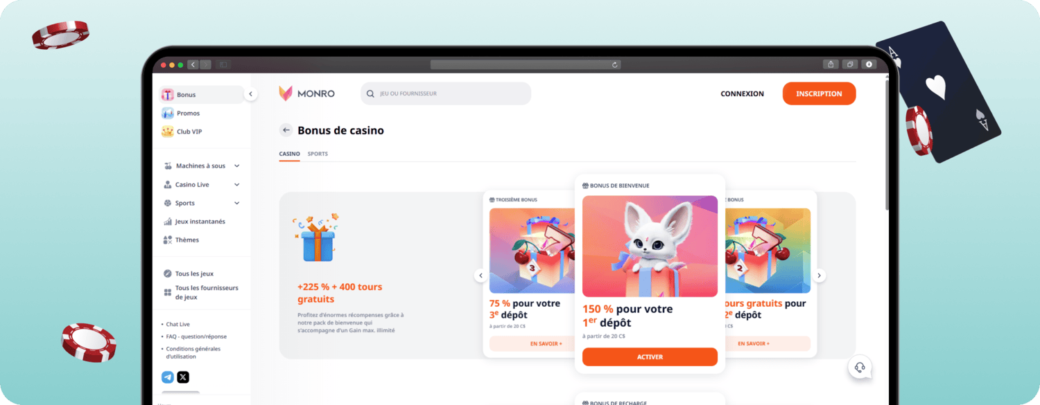 screenshot of monro casino bonuses page in french