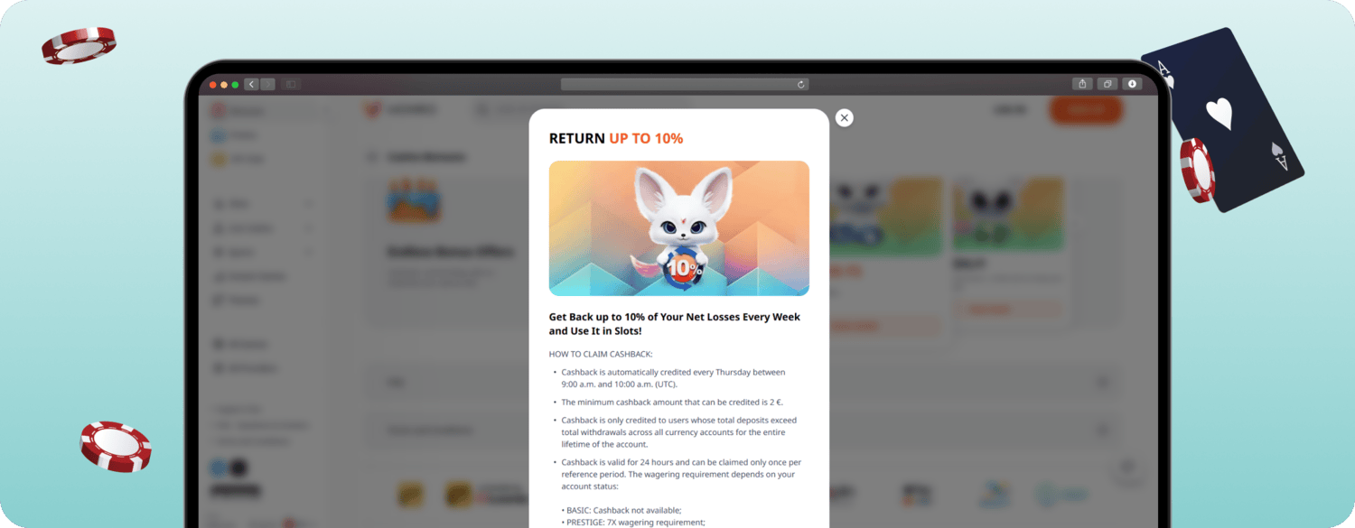 screenshot of monro casino cashback offer