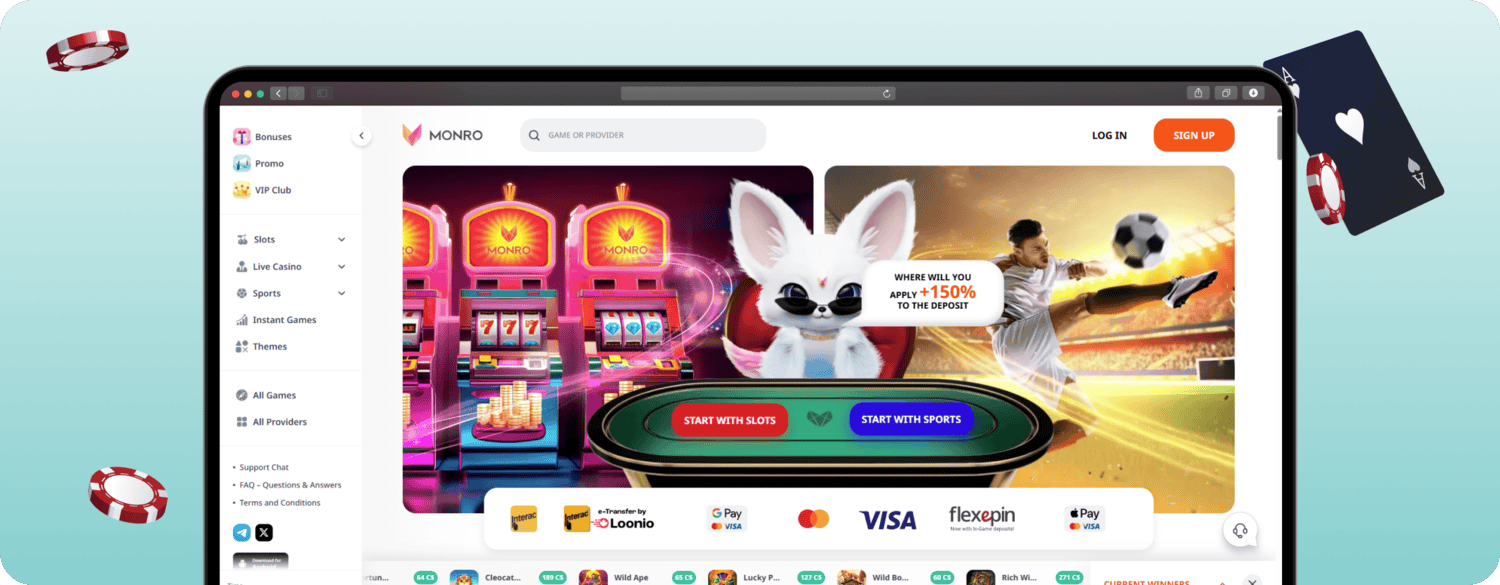 screenshot of monro casino homepage