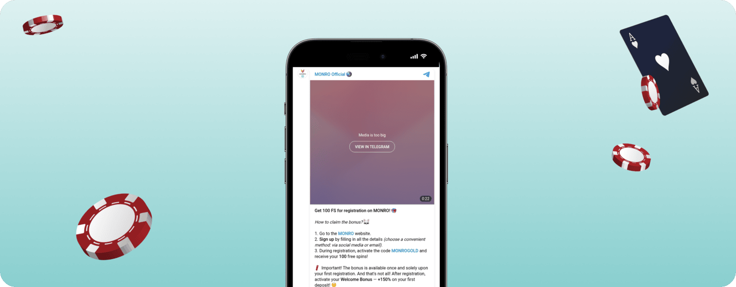 screenshot of monro casino no deposit free spins offer telegram