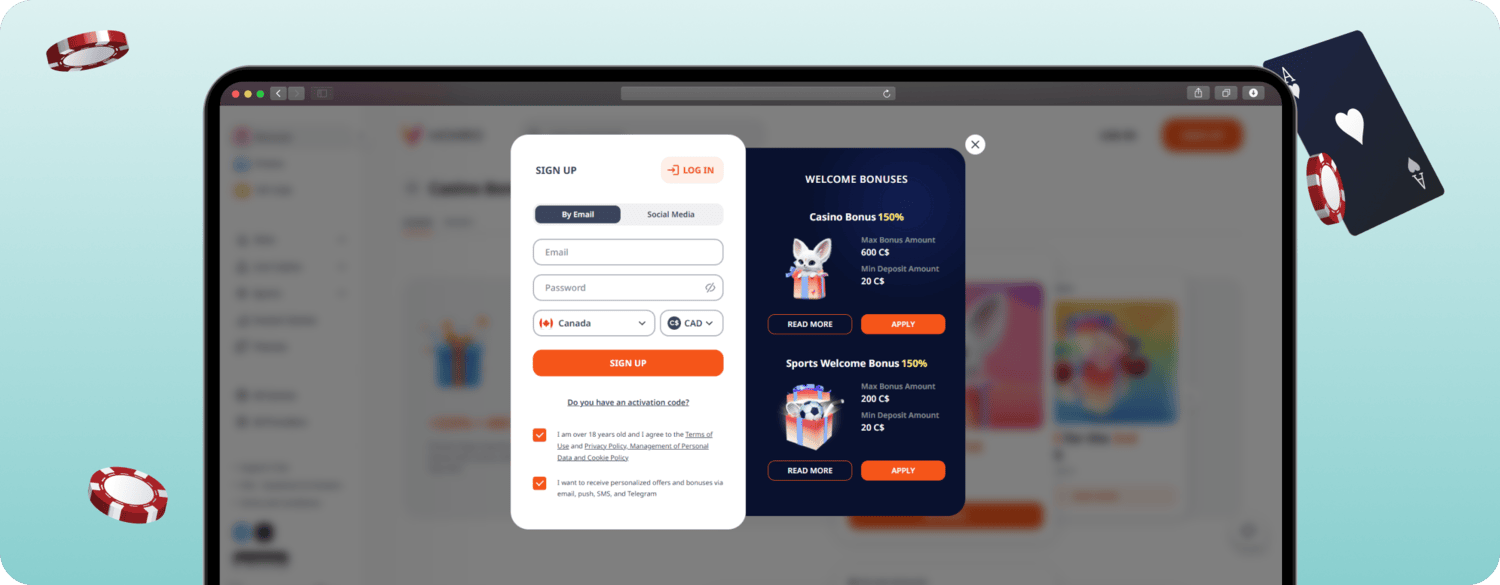 screenshot of monro casino sign up form