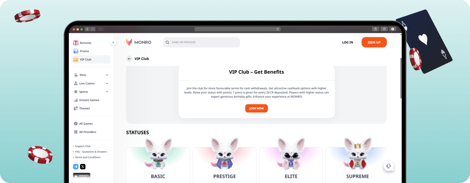 screenshot of monro casino vip club
