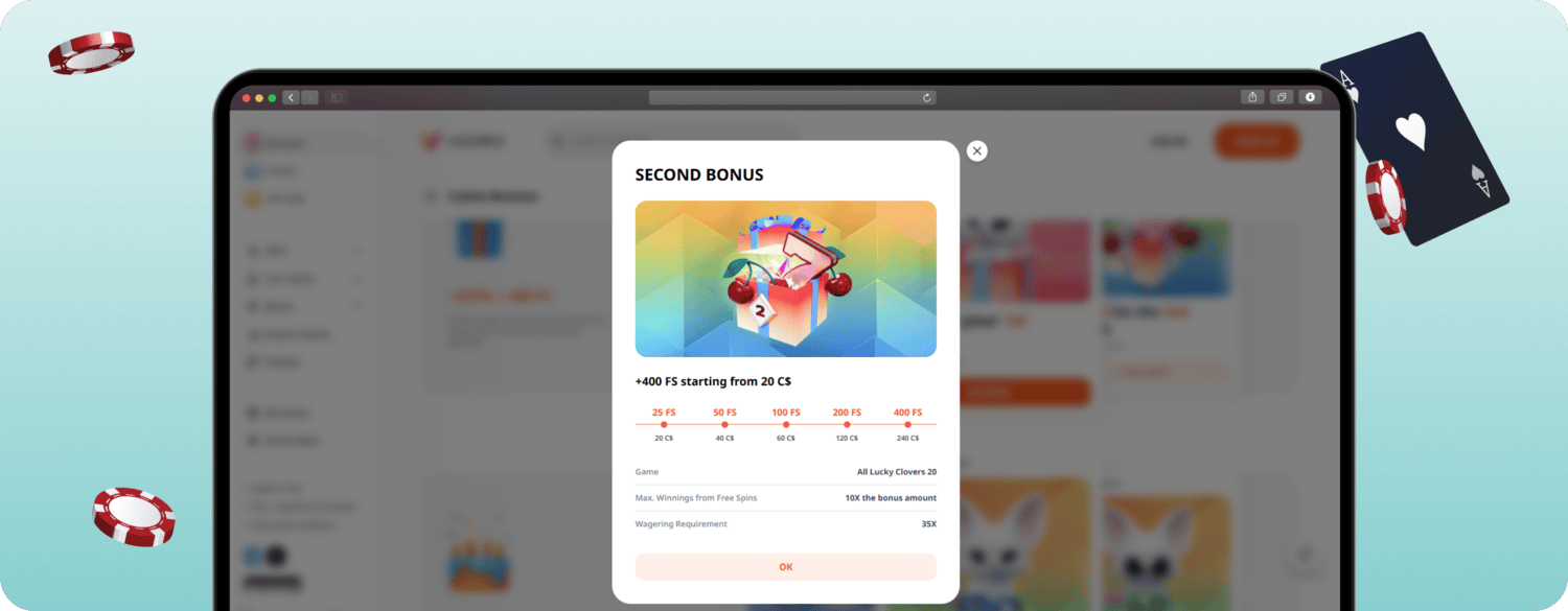 screenshot of monro casino welcome bonus