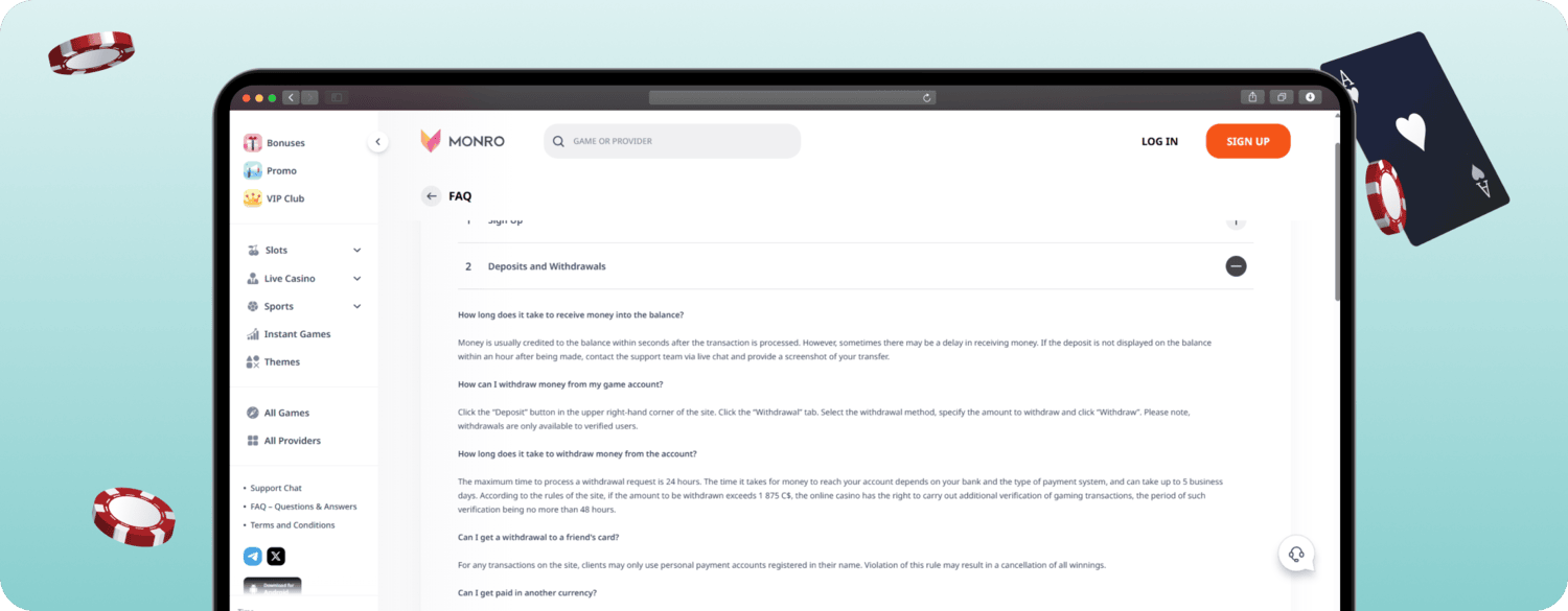 screenshot of monro casino withdrawal faqs