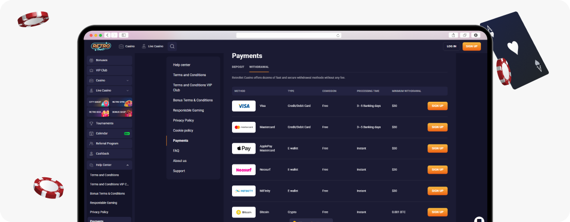 RetroBet withdrawal methods